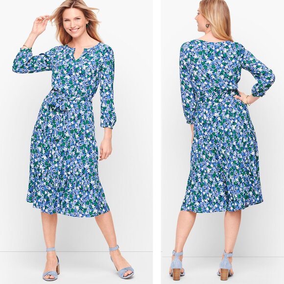 NWT Talbots Floral Tie Waist Dress Size 16 Fit & Flare Notch Neck 3/4 Sleeve - Picture 1 of 8